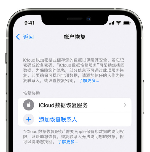 南阳苹果手机维修分享在 iPhone 上设置帐户恢复联系人的方法 