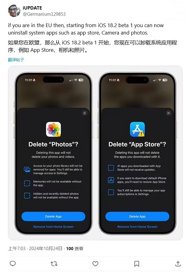 南阳苹果手机维修分享iOS 18.2 支持删除 App Store 应用商店 